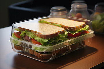 container lunch box with a sandwich with ham and herbs