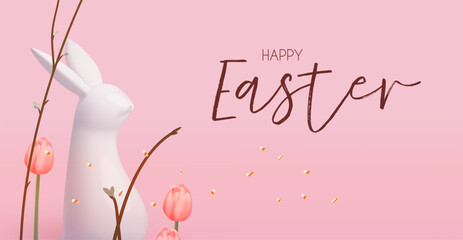 Wall Mural - Happy Easter! Holiday background with cute bunny, spring branches and tulip flowers. Easter rabbit and eggs on pink background.