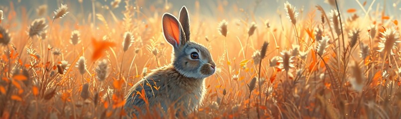 Poster - A furry mammal, resembling a domestic rabbit, stands tall amidst the vibrant green blades of grass in a sun-kissed field, evoking a sense of freedom and tranquility