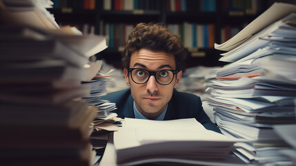  bookkeeper hiding behind paperwork piles. young man financial accountant in round glasses, afraid of tax service, looking at camera from behind paper stacks on office desk, Young male employee 