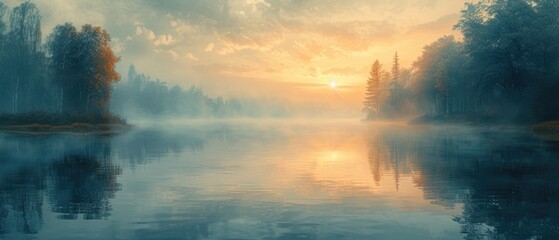 a serene lakeside scene at sunrise with mist on the water, landscape painting style, soft orange and