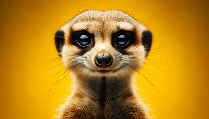 Wall Mural - A close-up front view of a meerkat on a yellow background