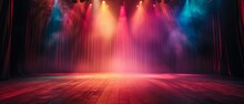Stage Lights On Empty Stage Illuminated By Spotlights. An Empty Stage Club With Bright Stage Lights And Lights Beams Through A Smokey Atmosphere Background. Generative Ai