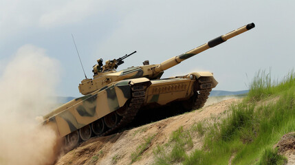 Poster - A tank moves through arid terrain