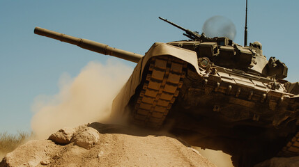 Canvas Print - A tank moves through arid terrain