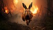 Hare running away from a forest fire. Natural disaster. Fire in the forest.