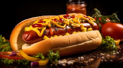 Wall Mural - A delicious hot dog with ketchup and mustard.