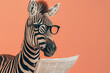 Zebra with glasses reading newspaper. AI generative art