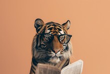 Tiger With Glasses Reading Newspaper. AI Generative Art