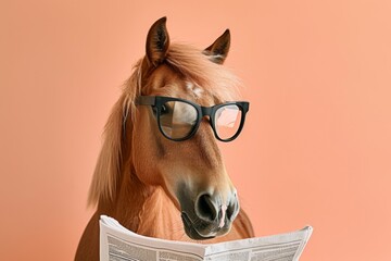 Wall Mural - Horse with glasses reading newspaper. AI generative art