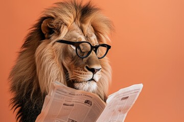 Wall Mural - Lion with glasses reading newspaper. AI generative art