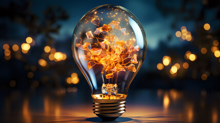 Poster - Illuminated Creativity: Sparkling Light Bulb Concept.  A glowing light bulb with sparkling elements, ideal for concepts of innovation, energy, and creative thinking