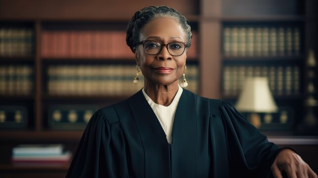 An aged black woman is a judge. Blurred background of court