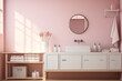 A serene, modern bathroom with pink walls and white cabinets. Sunlight casts geometric shadows, enhancing the minimalist design. Concept: real estate, interior design.