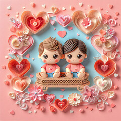 Valentine's day greeting card with cute little boy and girl, paper art style