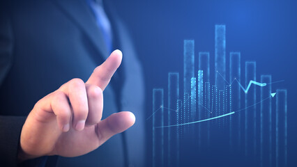 Poster - Growing graphs and charts on blue background with digital man with index finger raised. Collage with computer graphics