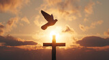 Fototapeta  - A dove flying over a Christian cross, concept of peace and resurrection, religious background for easter and christmas