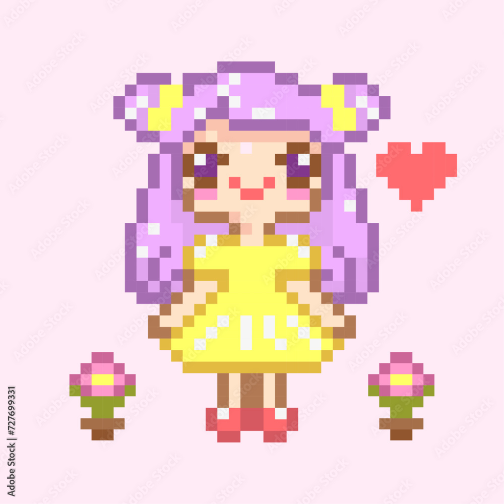 Cute girl with purple hair in pixel art style Stock Vector | Adobe Stock