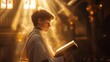 young acolyte in a church reading a holy book, while sunlight streams through the windows, emphasizing the smoke of incense in the air.