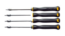 A set of precision screwdrivers for electronics, on a white solid background. 