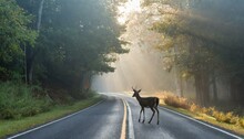 Foggy Hazards: A Deer's Dawn Dash Across The Asphalt Danger Zone"
