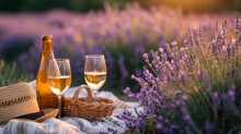 Picnic Blanket With Wine Glasses At A Lavender Field In France During Summer