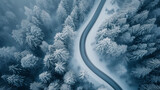snow covered trees, Curvy windy road in snow covered forest, top view, aerial view