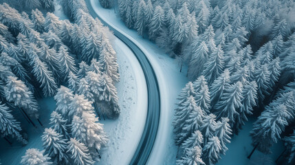 Wall Mural - Curvy windy road in snow covered forest, top view, aerial view