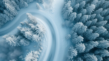 Wall Mural - snow covered branches of trees, Curvy windy road in snow covered forest, top view, aerial view