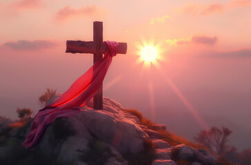 Wall Mural - Sunset Christian cross with a red scarf tied to it, easter religious background