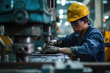 Asian male worker in factory at factory machinery during the daytime