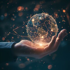 Aufkleber - Hand holding a glowing digital globe with dynamic connections. conceptual technology image illustrating connectivity and innovation. ideal for corporate and science themes. AI