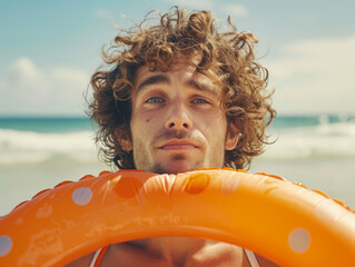 Wall Mural - Funny man with an orange swimming ring.