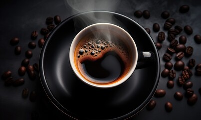 Wall Mural - A cup of hot espresso coffee with a steam. Top view.