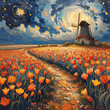 Ölgemälde - Blumenfeld mit Windmühle, Nachthimmel und Mond