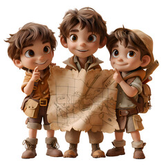 Wall Mural - A 3D render of a group of scout kids exploring a treasure map in a cave. Created with generative AI.