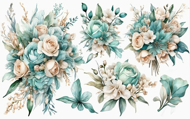 Set of watercolor floral compositions. Hand drawn design elements. Wedding design illustration.