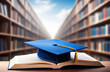 University master cap with open book on blurred background of library. Master grade of education, master grade of online education, edvanced training, university studying, knowledge