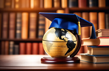 University master cap with books and globe on blurred background of books. Master grade of education, master grade of online education, edvanced training, university studying