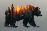 Fototapeta  - Impressive image of a bear merging with a fiery forest scene