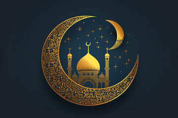 Crescent moon Islamic with mosque for Ramadan Kareem and Eid Mubarak background.