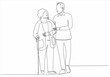 © amai line art - Old couple in continuous line art drawing style. Senior man and woman walking together holding hands. Black minimalist linear sketch isolated on a white background. Vector illustration