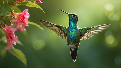 Delicate ballet of a hummingbird as it hovers and then gracefully lands on a slender branch and its iridescent feathers catching the sunlight against a lush green backdrop of nature