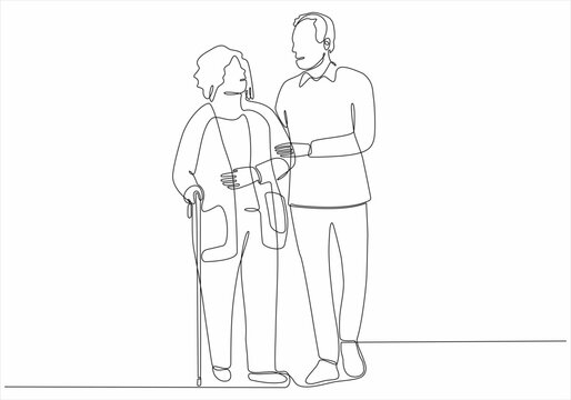 old couple in continuous line art drawing style. senior man and woman walking together holding hands