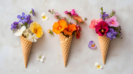  Beautiful bouquet of flowers in a waffle cone on an isolated light background