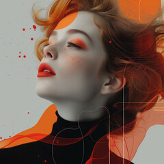 Modernist collage with sensual portrait of red hair woman with red lips, eyeshadow, lipstick. Fashionable appeal of a female head. Poster with beauty makeup; striking glamor model with abstract shapes