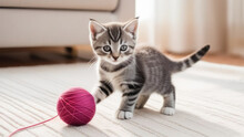 Illustration Of Adorable Small Gray Tabby Kitten Plays With A Round Ball Of Thread On Light Carpet In Modern Apartment, Morning Sunlight, Close Up, Copy Space, Selective Focus