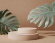 Flat stone podium with fern leaves, empty round stand for product or presentation mock-up.