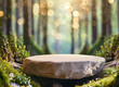 Flat stone podium in the magical forest , empty round stand for product or presentation mock-up.