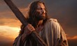 Jesus Christ carries a heavy wooden cross